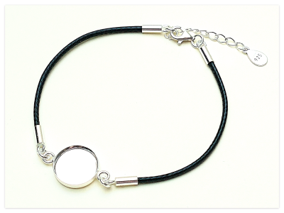 21cm schwarzes J String Armband Basis mit 12mm Silber rundem Cabochon Rohling, Silber Verschluss,