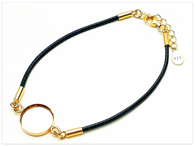 21cm schwarzes J String Armband Basis mit 12mm 24K Gelb Gold vergoldetem Silber rundem Cabochon