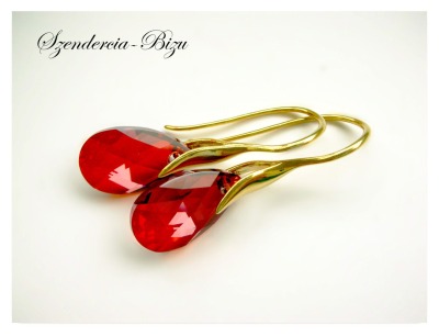 24K Vergoldete Silber Ohrringe mit Swarovski Pear Red Magma , Sterlingsilber Rote Tropfen Ohrhänger