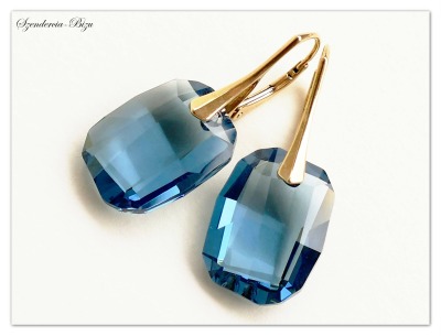 24K gelb Gold vergoldete Silber Ohrringe mit Swarovski Graphic Denim Blue, dunkelblaue Kristall