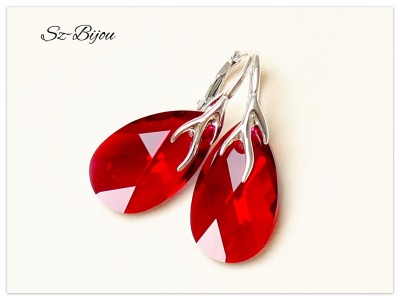 Silber Swarovski Pear Scarlet Shimmer Ohrringe, Multicolor Schmuck, Rote Tropfen Ohrringe, Kirschrot