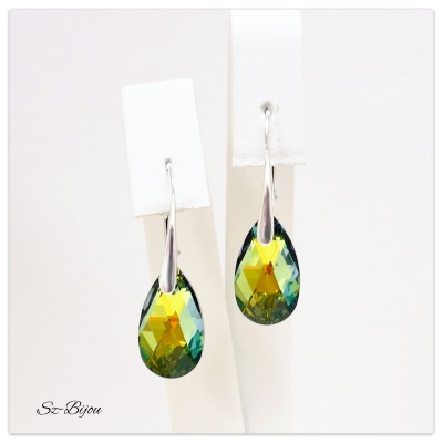 Silber Ohrringe mit Swarovski Pear-Shaped Sahara, Tropfen Multicolor Ohrhänger, grüner Kristall