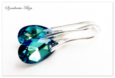 Silber Ohrhänger mit Swarovski Pear Bermuda Blue, Tropfen Multicolor Ohrringe, Türkiser Braut