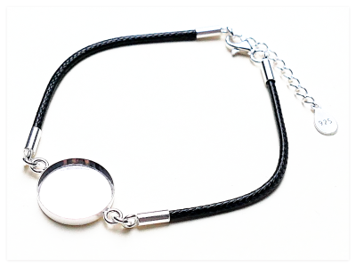 21cm schwarzes J String Armband Basis mit 14mm Silber runden Cabochon Rohling, Silber Verschluss,