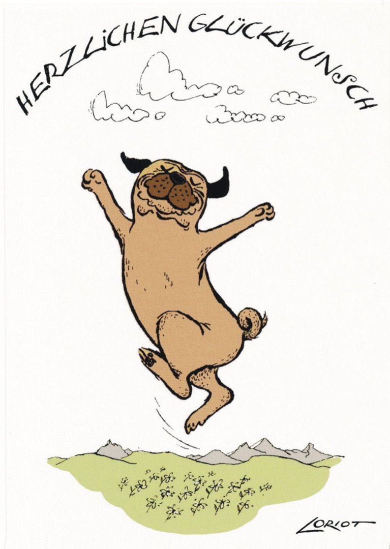 Postkarte A6 von inkognito Loriot Herzlichen Glückwunsch Hund hüpft