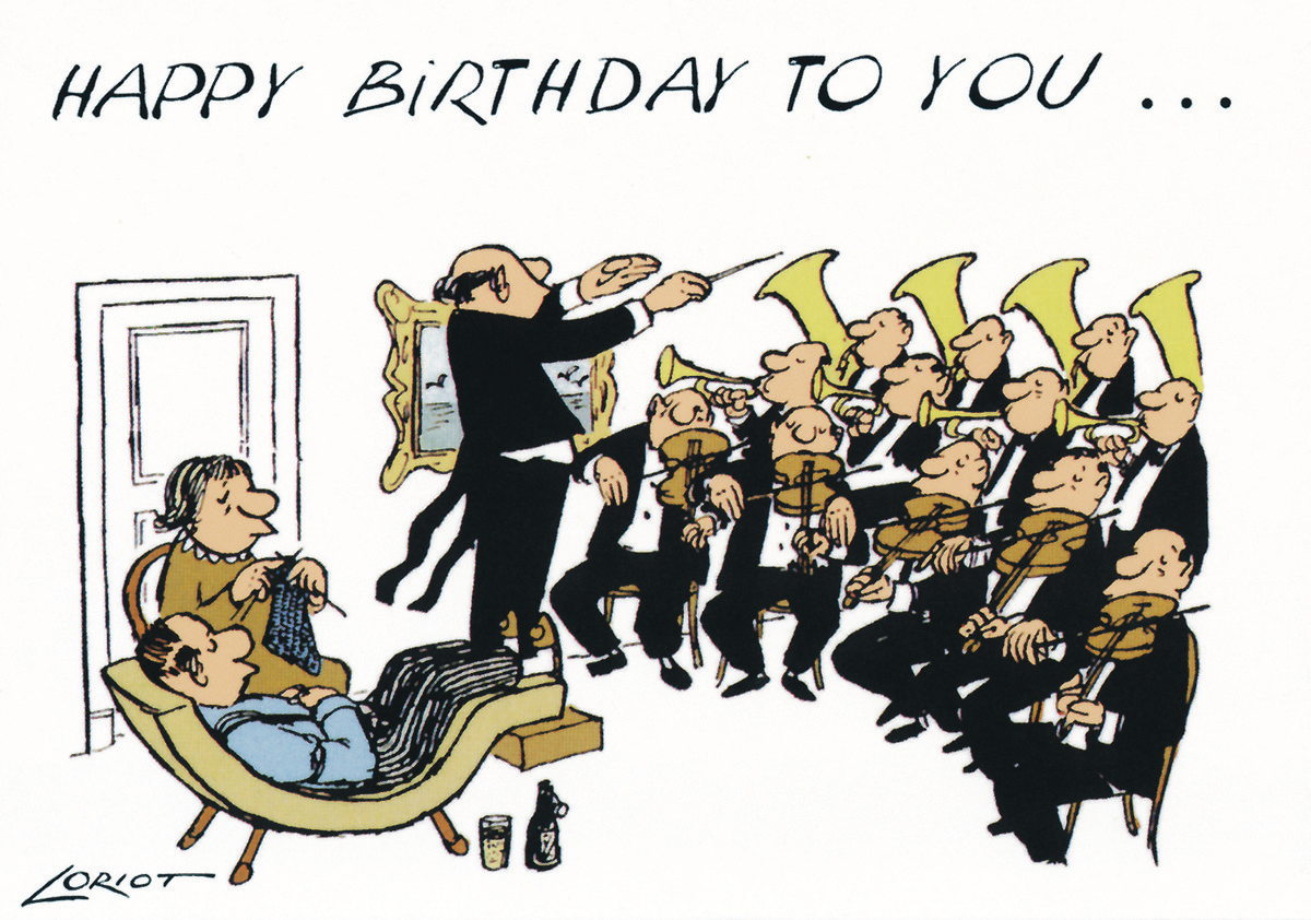 Postkarte A6 von inkognito Orchester Happy Birthday Loriot