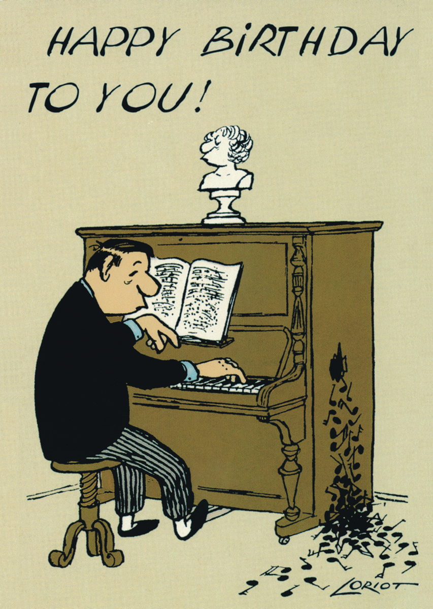 Postkarte A6 von inkognito Happy Birthday to you Mann am Klavier Loriot