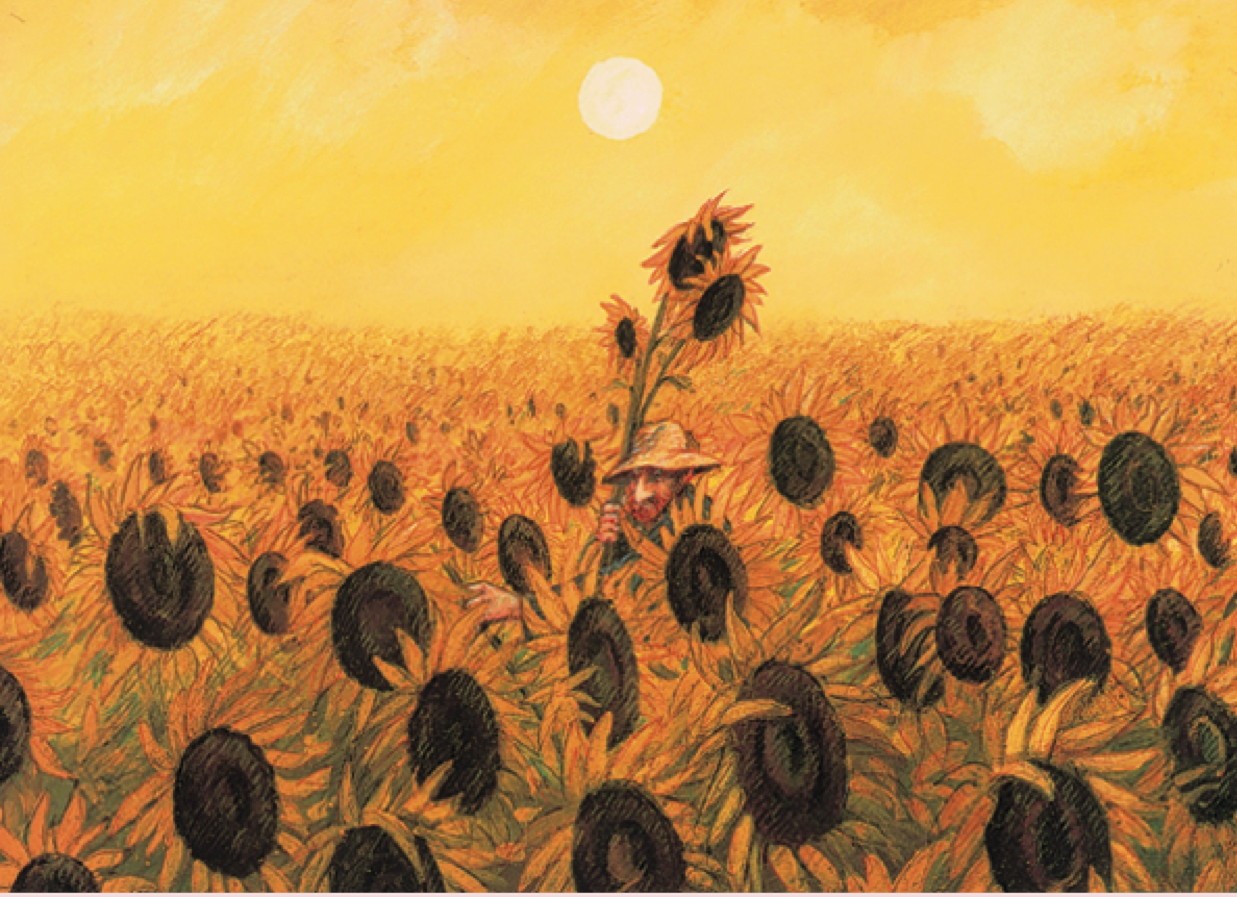 Postkarte A6 von inkognito Vincent klaut mal wieder Sonnenblumen Gerhard Glück