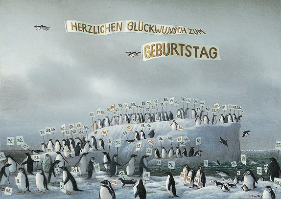 Postkarte A6 inkognito Michael Sowa Geburtstag / Pinguine