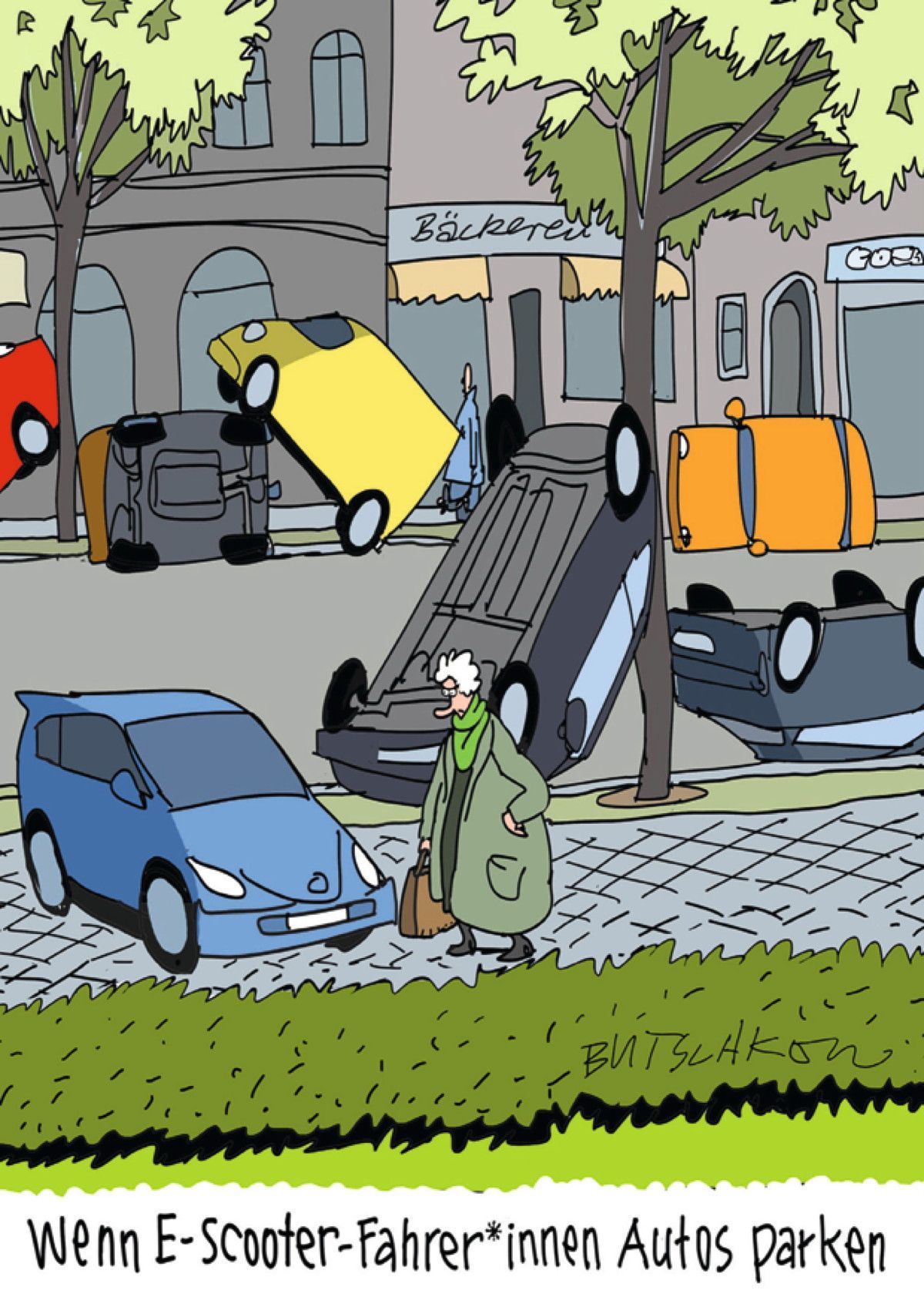 Postkarte A6 von inkognito Wenn E-Scooter-Fahrer innen Autos parken Butschkow
