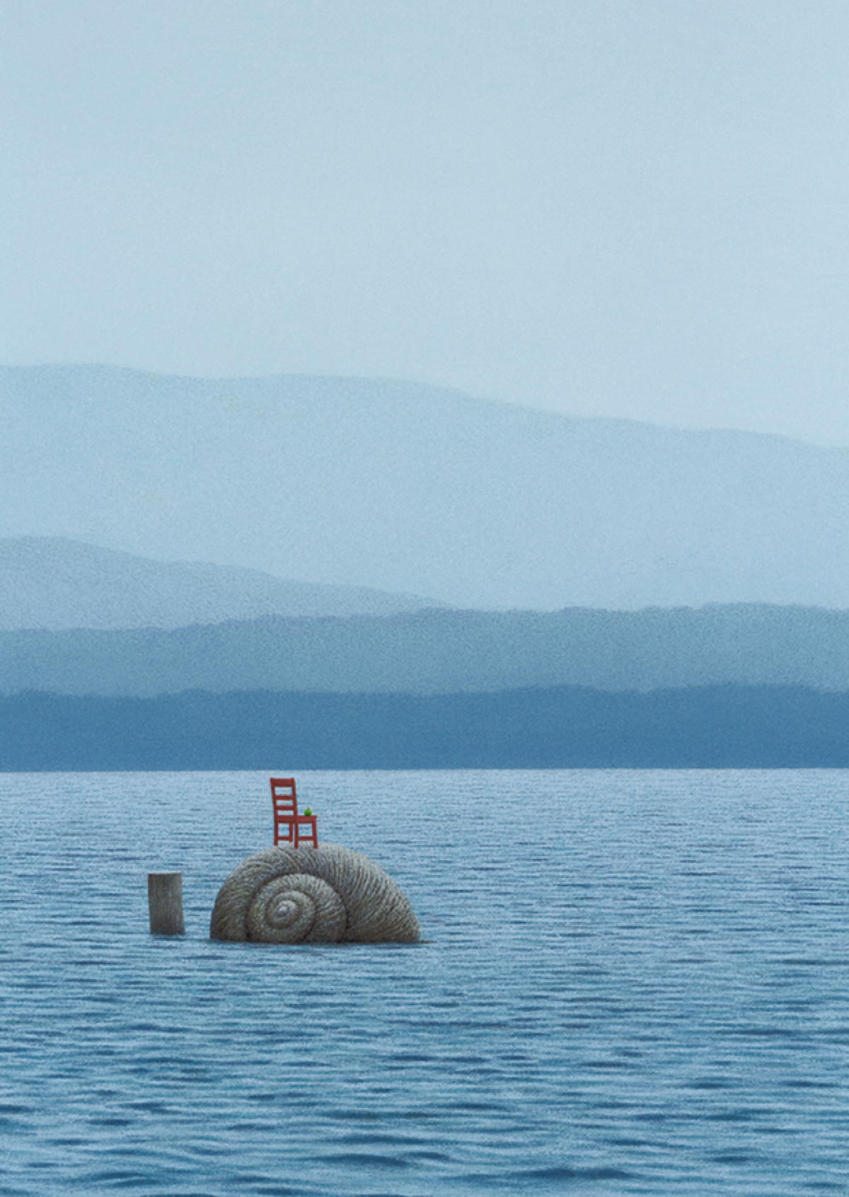 Roter Stuhl mit grünem Apfel Postkarte A6 von inkognito Quint Buchholz