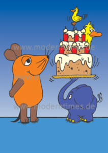 Postkarte A6 modern times Die Maus, der blaue Elefant mit Geburtstagstorte