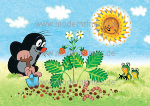 Postkarte A6 modern times Der kleine Maulwurf mit Erdbeerpflanze