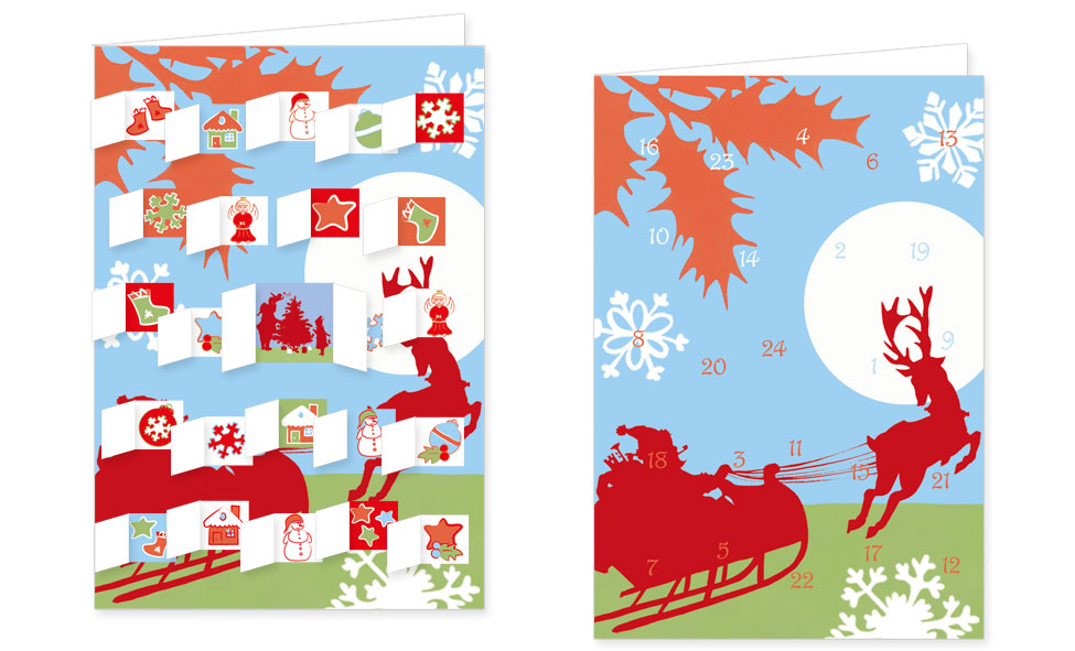 Adventskalenderkarte mit Umschlag und 24 Türchen von Rannenberg & Friends Weihnachten Schlittenfahr