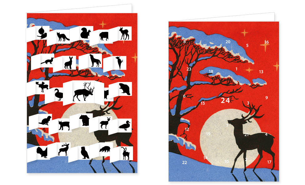 Adventskalenderkarte mit Umschlag und 24 Türchen von Rannenberg & Friends Weihnachten Hirsch Hase