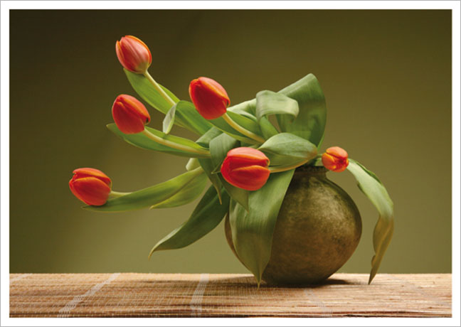 Postkarte Rote Tulpen in einer Kugelvase