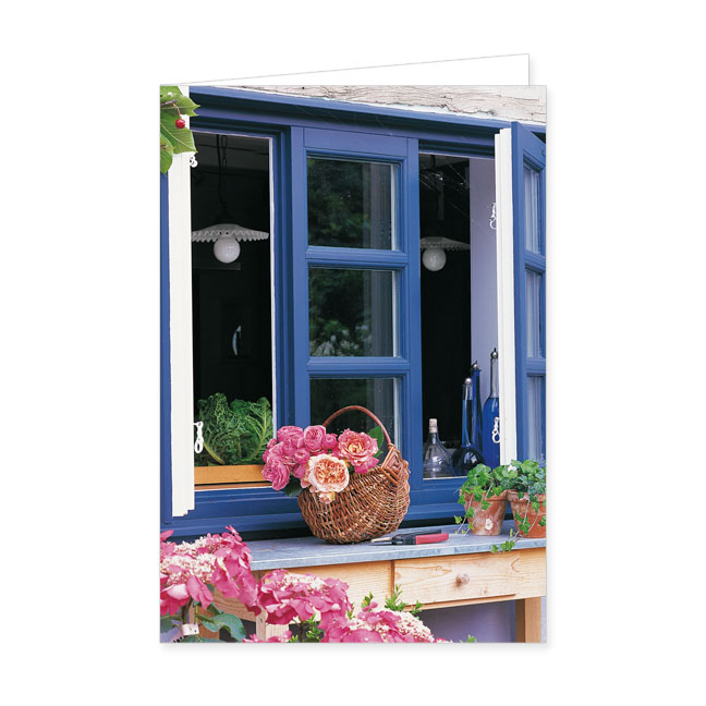 Doppelkarte Rosenkorb vor blauem Fenster- Rannenberg & Friends