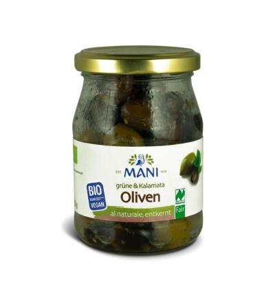 Bio Grüne &amp; Kalamata Oliven im Pfandglas - Mani