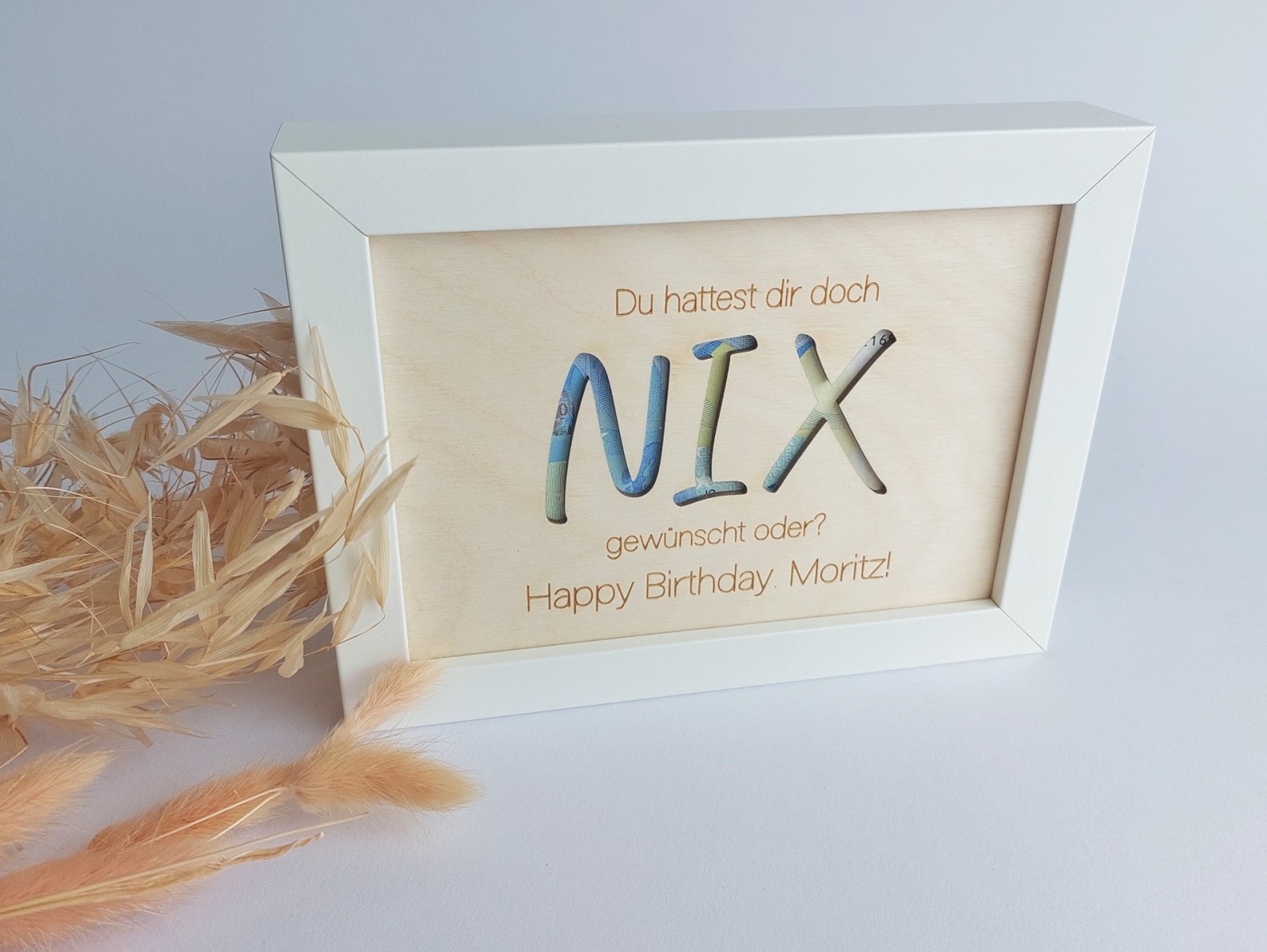 Geldgeschenk - NIX | Bilderrahmen | Geburtstagsgeschenk | Passepartout aus Holz für Geldscheine |