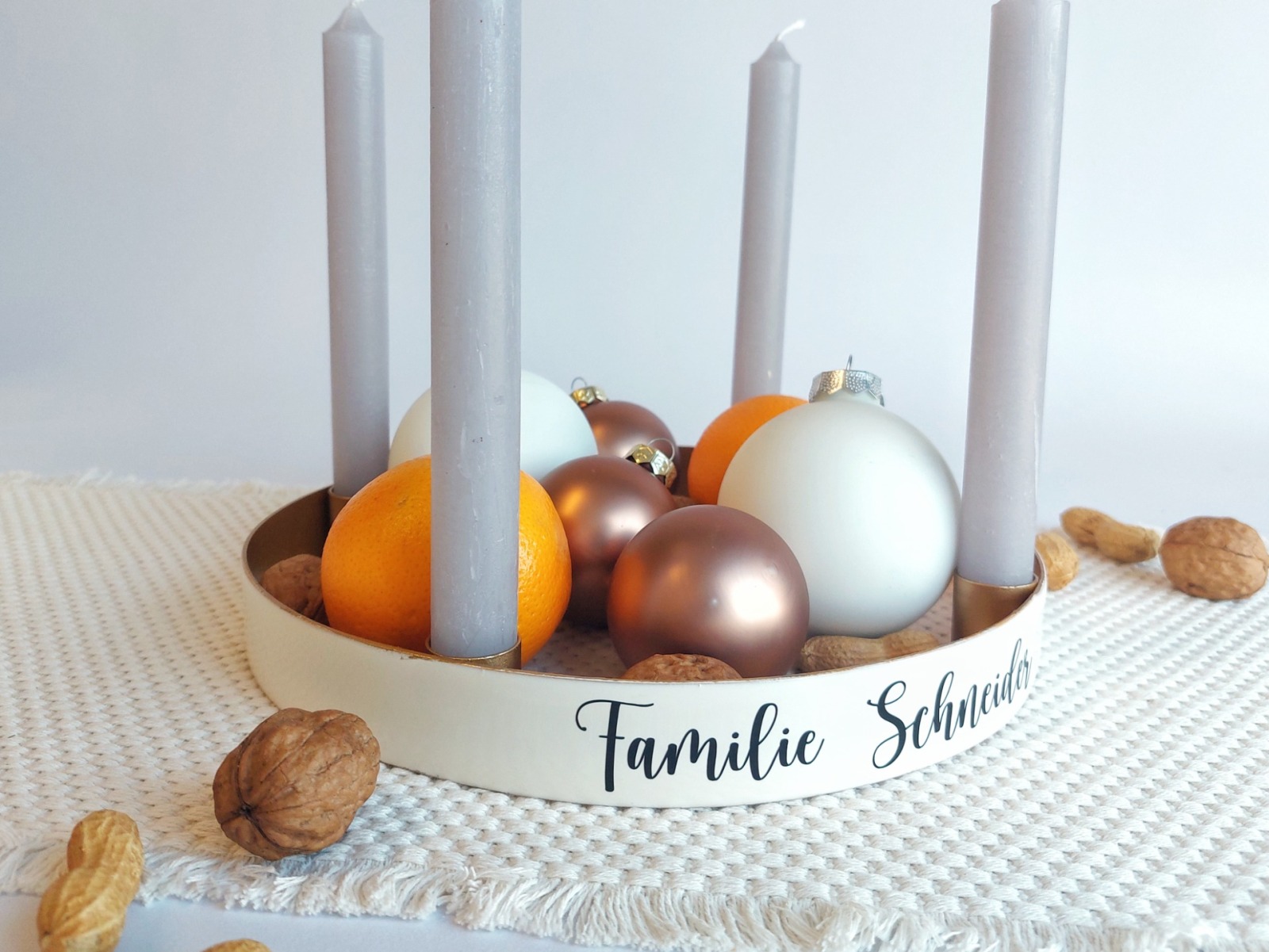 Metallring Adventskranz mit Freitext | Familie | Frohe Weihnachten | Adventsgesteck für 4 Kerzen |