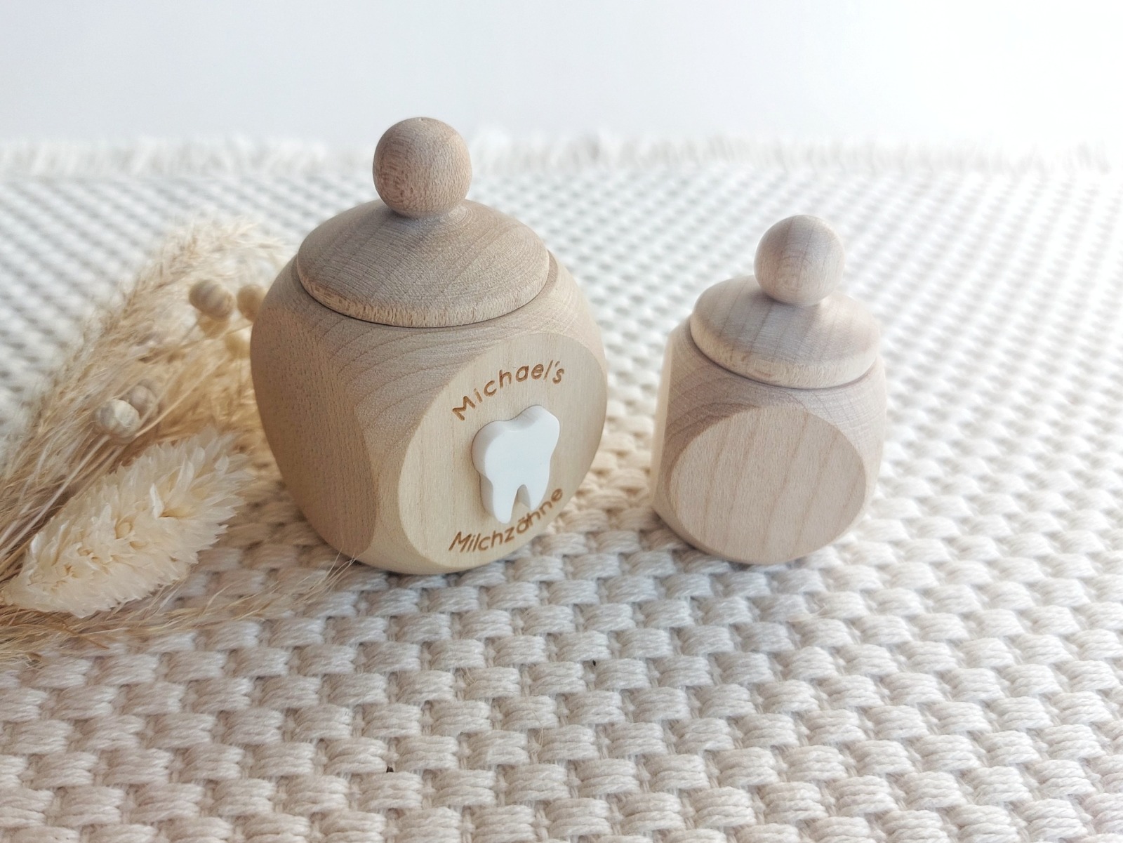 Personalisierte Milchzahndose mit Name und 3D-Zahn | Holzdose für Milchzähne mit Schraubverschluss