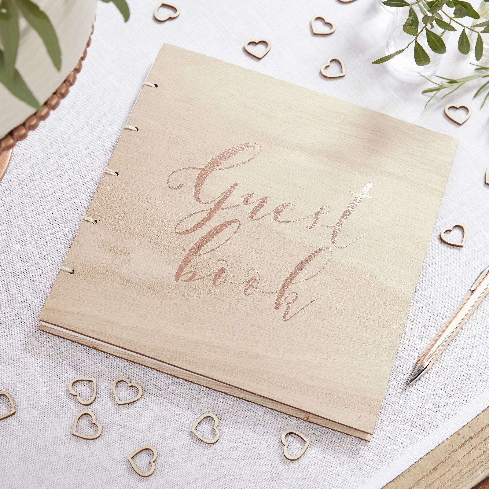 Hochzeits-Gästebuch aus Holz mit Roségolden Aufdruck