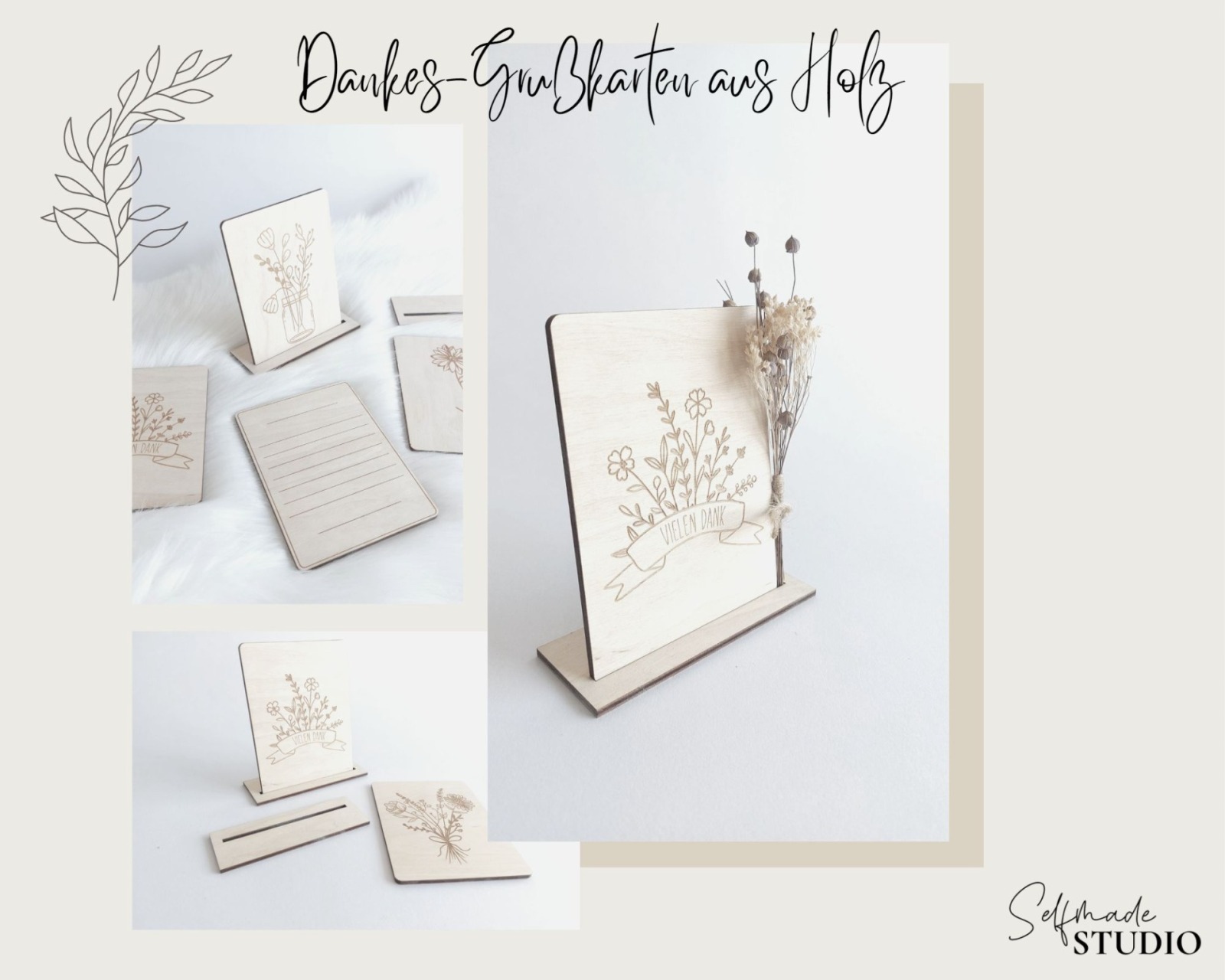 Holzkarte mit Blumen Motiv - Danke Blumen - Holz Postkarten Format - Grußkarten aus Holz Erinnerungskarte Muttertag Besondere Karte