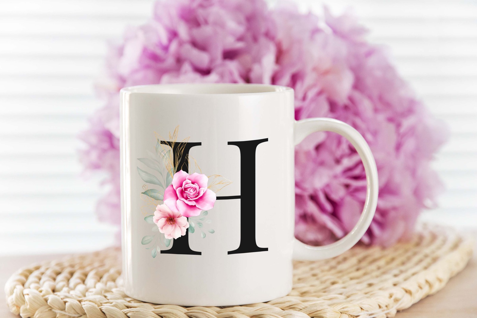 Buchstabentasse Kaffee-Tasse mit Pink-Flower Buchstabe 5