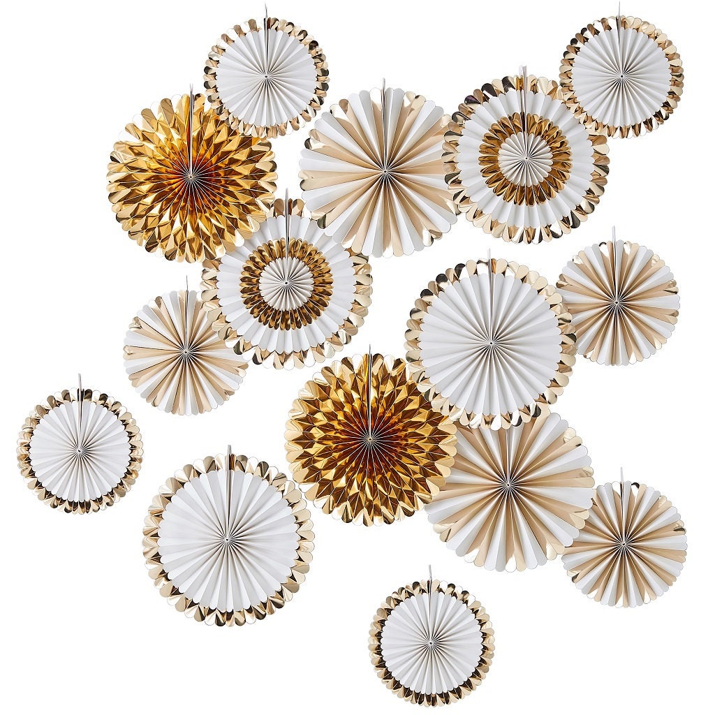 Goldfarbenes Papierfächer 15 Stück | Dekorations Hintergrund Set | Rosetten Flowers Party