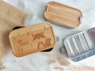 Tier Lunchbox mit Buchendeckel - personalisierte Vesperbox mit Namen und Tier Motiv, Wunschgravur