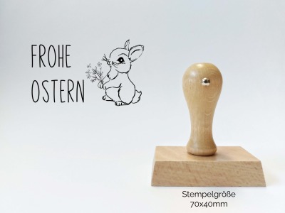 Frohe Ostern mit Hasenmotiv - Stempel - 70 x 40 mm - Holzstempel Rechteckig