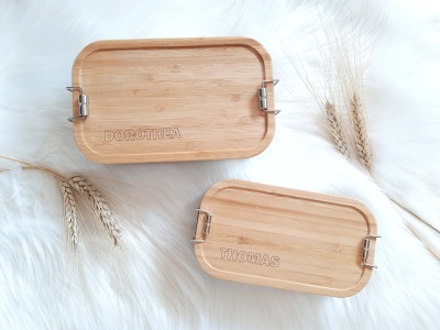 Bambus Lunchbox personalisiert minimalitisch - Vesperbox mit Namen Wunschgravur Schneidebrett Bambus