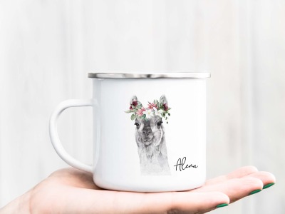 Tasse Aquarell-Tiere personalisiert mit Wunschname - Einseitig bedruckt Watercolor Blumen Becher mit Namen Emaille Becher Keramik Tasse