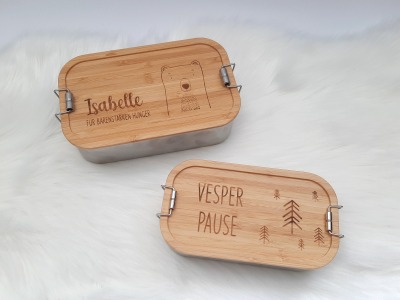 Bambus Lunchbox personalisiert - Vesperbox mit Namen und Tier Motiv Wunschgravur Schneidebrett