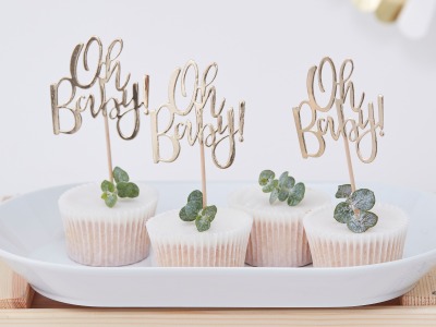 Oh Baby Cupcake Topper | 12 Cake-ToppernGoldfolie | 13,5 x 7cm | Baby Party Muffin Dekoration