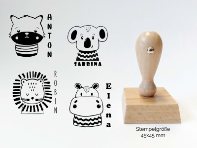 Tierwelt Stempel mit Namen - Tier Holzstempel 45 x 45 mm | Motiv Löwe - Koala - Nilpferd - Katze
