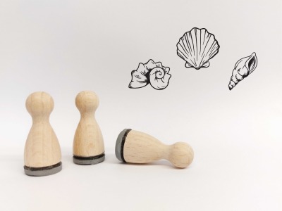 Ministempelset Muschel gezeichnet - 3 Stempel mit 12mm Durchmesser | Holzstempel Meer Wasser Symbole | Meerestempel Stempel