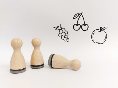Ministempelset Obst - Essen - 3 Stempel mit 12mm Durchmesser | Holzstempel Obst Essen Symbole | Apfel | Traube | Kirsche