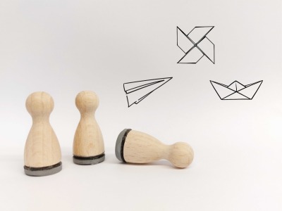 Ministempelset Origami - 3 Stempel mit 12mm Durchmesser | Holzstempel Symbole Windrad | Schiff | Flugzeug