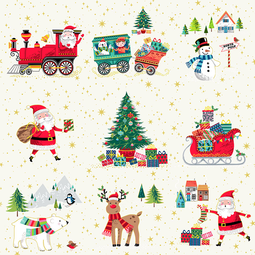 0,25m Baumwolle Santa Express Weihnachten Kombi Dots punkte, rot gold 2
