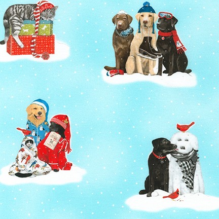 0,5m Baumwolle Holly Jolly Christmas Weihnachten Tiere Hund Katze, türkis bunt