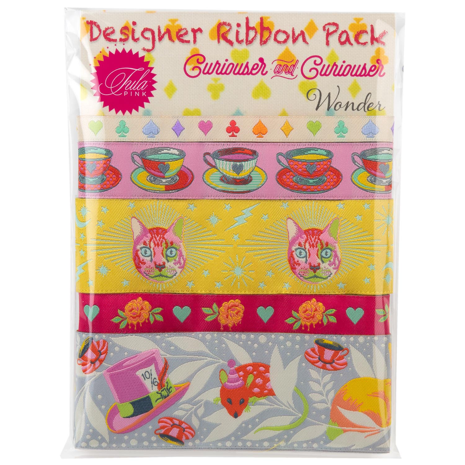 1 Set Designer Ribbon Tula Pink Curiouser &amp; Curiouser Webbänder Wonder, gelb grau