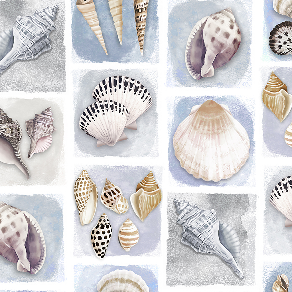 0,25m Baumwolle Seashell Wishes Shell Tiles Muscheln , weiß bunt türkis 2