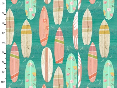 0,25m BW Beach Travel Beth Albert by 3 Wishes Fabric Surf Boards, petrol mint lachs