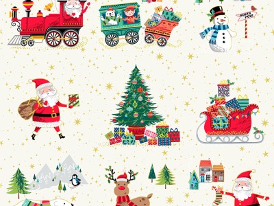 0,25m Baumwolle Santa Express Weihnachten Weihnachtsmotive, ecru bunt