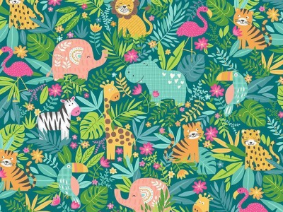 In the Jungle Scenic pink, Giraffe Affe Tiger, bunt petrol - In The Jungle By Makower