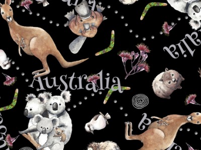 0,25m BW Kiwis &amp; Koalas, Animal Toss, Koalas Känguruh Kiwis Wombats, schwarz bunt - weitere Stoffe