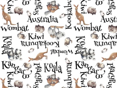 0,25m BW Kiwis &amp; Koalas, Word Toss Schrift Koalas Känguruh Kiwis Wombats, weiß bunt - weitere