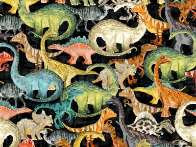 0,25m Baumwolle Age of the Dinosaurs by Katherine Quinn, Evening Commute Dinos allover, schwarz bunt