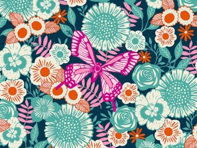 0,25m Baumwolle Backyard Butterfly Garden Teal, petrol türkis pink - Backyard by Ruby Star Society